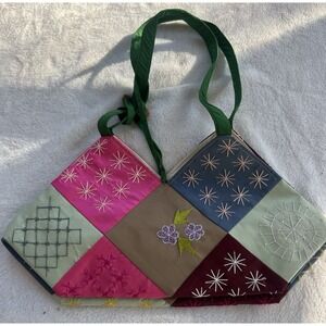 Vintage 4x4 squares‎ Quilt  embroidered Multi-colored Fabric  Purse